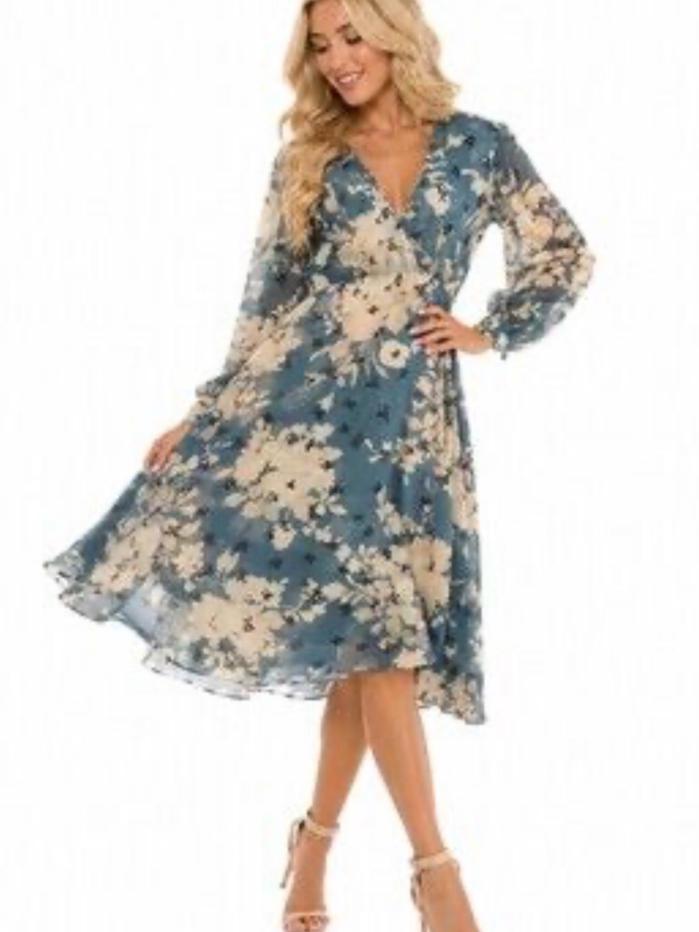 Zara Blue and Cream Floral Midi Wrap Dress